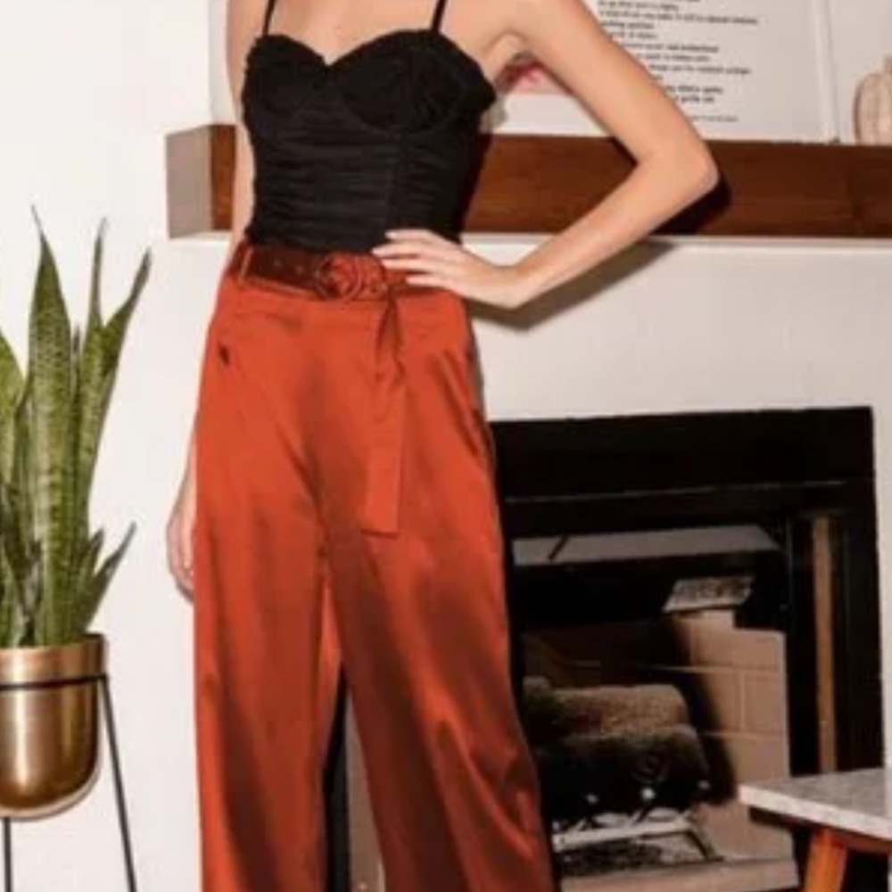 Lulu’s Burnt Rust Orange Satin Style Wide Leg High Waisted Pants